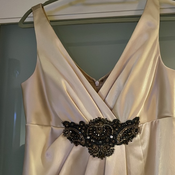 JS Collection, Champagne evening gown, beaded appliqué. SZ 8 - Picture 2 of 7
